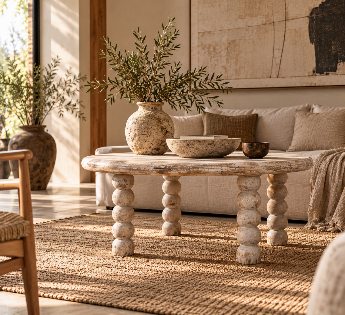 Mesa de centro Marcellus de madera maciza de mango – Patas torneadas y acabado roble salado