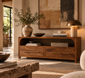Mueble de TV Arc-Line de madera maciza de mango – Diseño arqueado y almendra tostada