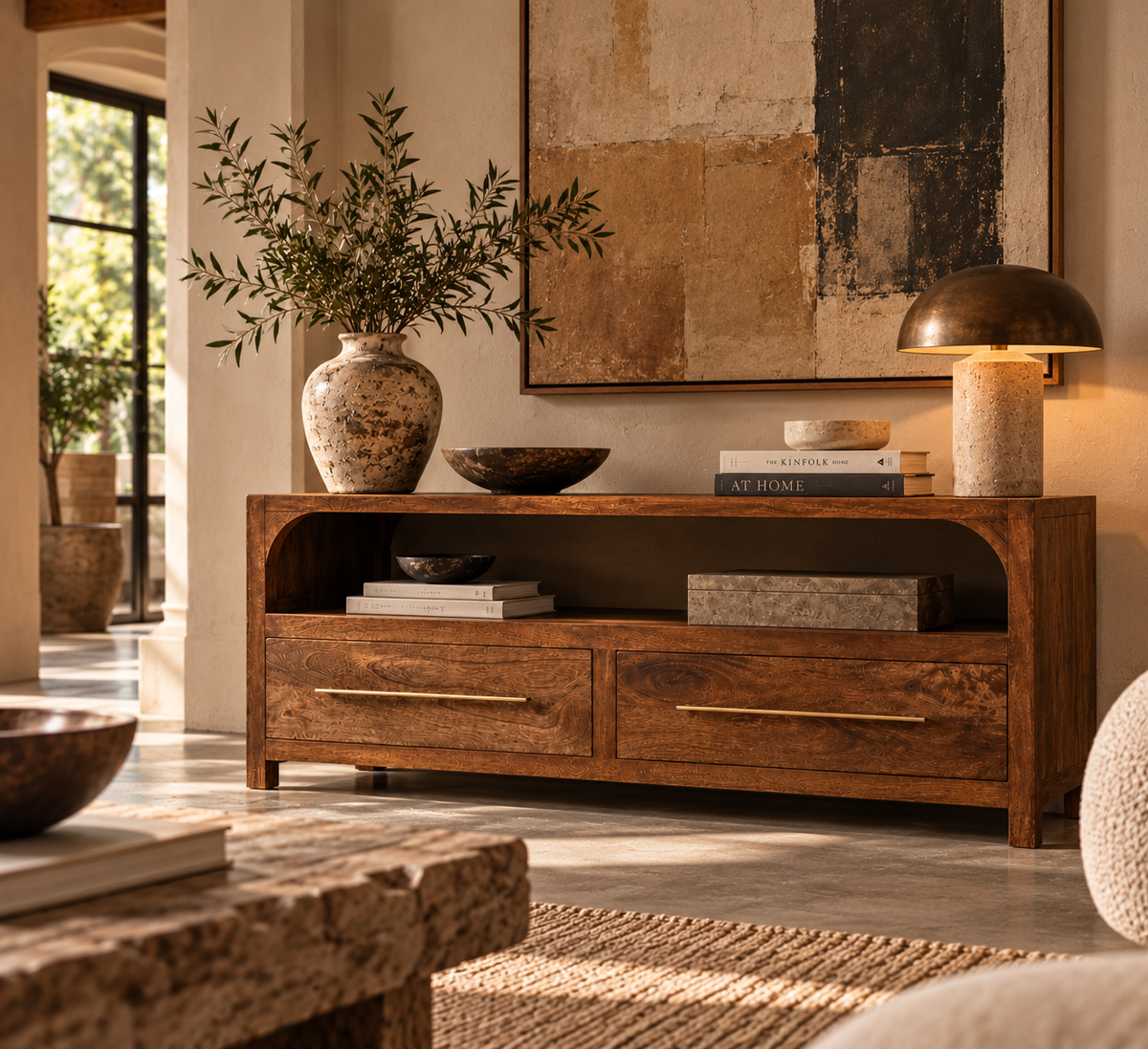 Mueble de TV Arc-Line de madera maciza de mango – Diseño arqueado y almendra tostada