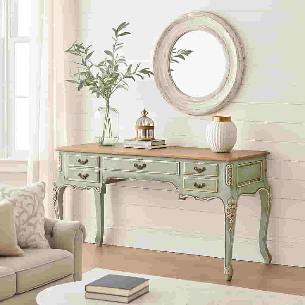 Escritorio de Madera Maciza con acabado Decapé Verde estilo vintage