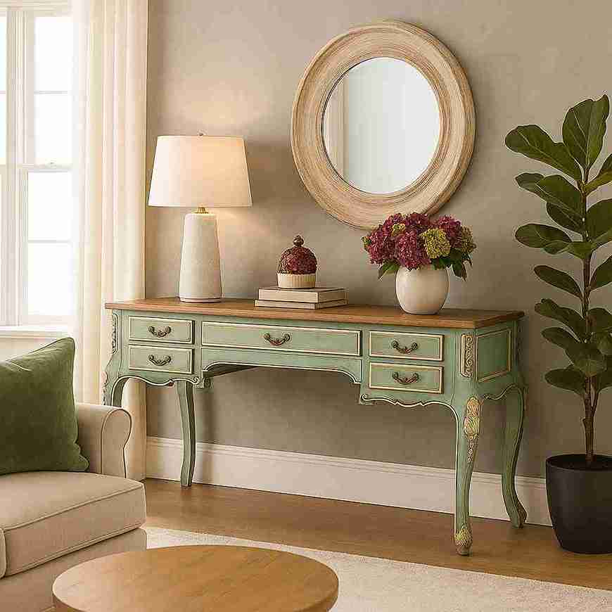 Escritorio de Madera Maciza con acabado Decapé Verde estilo vintage