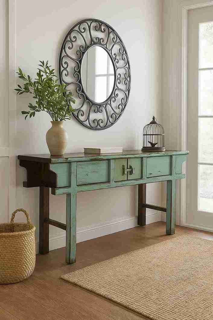 Consola de olmo macizo decapé turquesa – mueble vintage artesanal para recibidor o salón