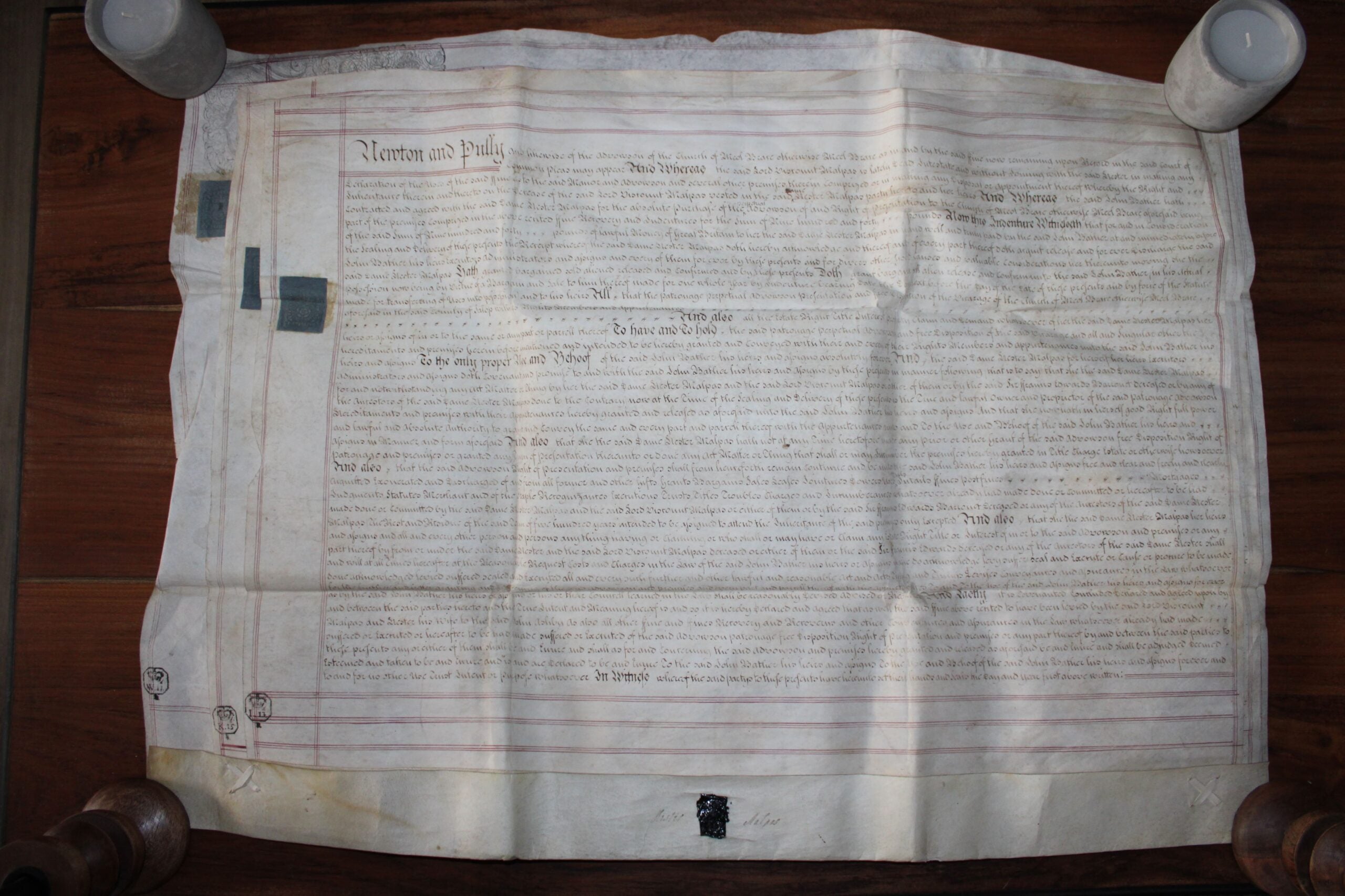 Pergamino Histórico de 1764: Newton & Pully - Documento Auténtico - 1764