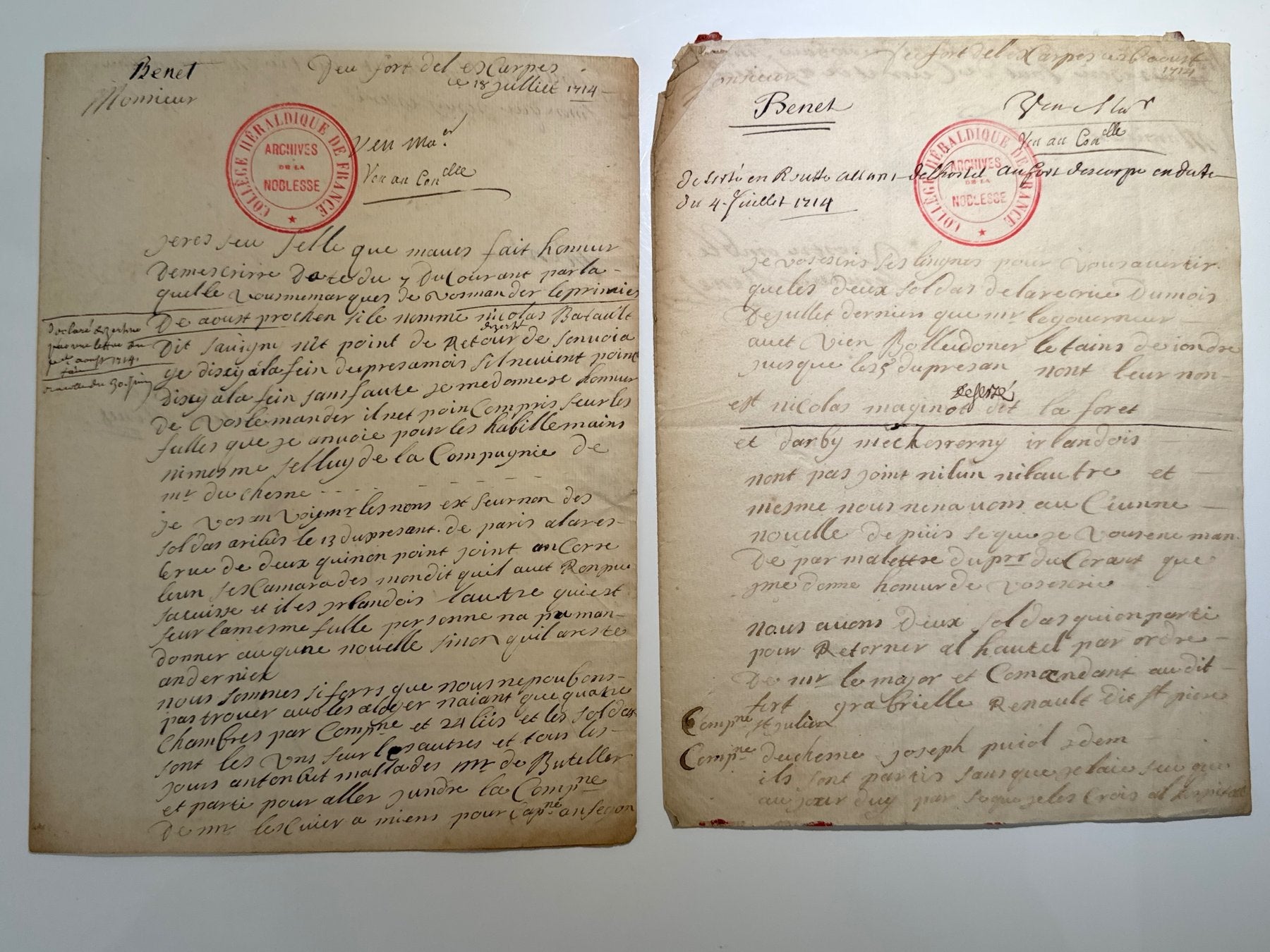 Charles Bennet, primer conde de Tankerville 5 cartas autógrafas y firmadas a Monsieur Pettatier en París. 1714
