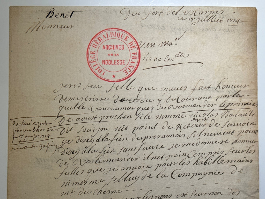 Charles Bennet, primer conde de Tankerville 5 cartas autógrafas y firmadas a Monsieur Pettatier en París. 1714