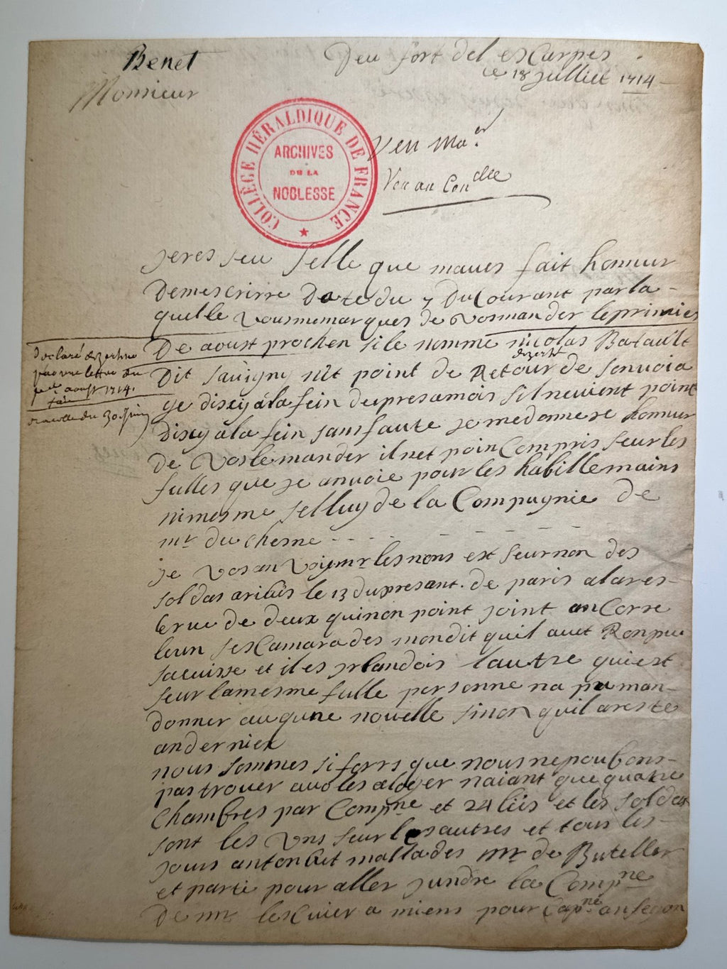 Charles Bennet, primer conde de Tankerville 5 cartas autógrafas y firmadas a Monsieur Pettatier en París. 1714