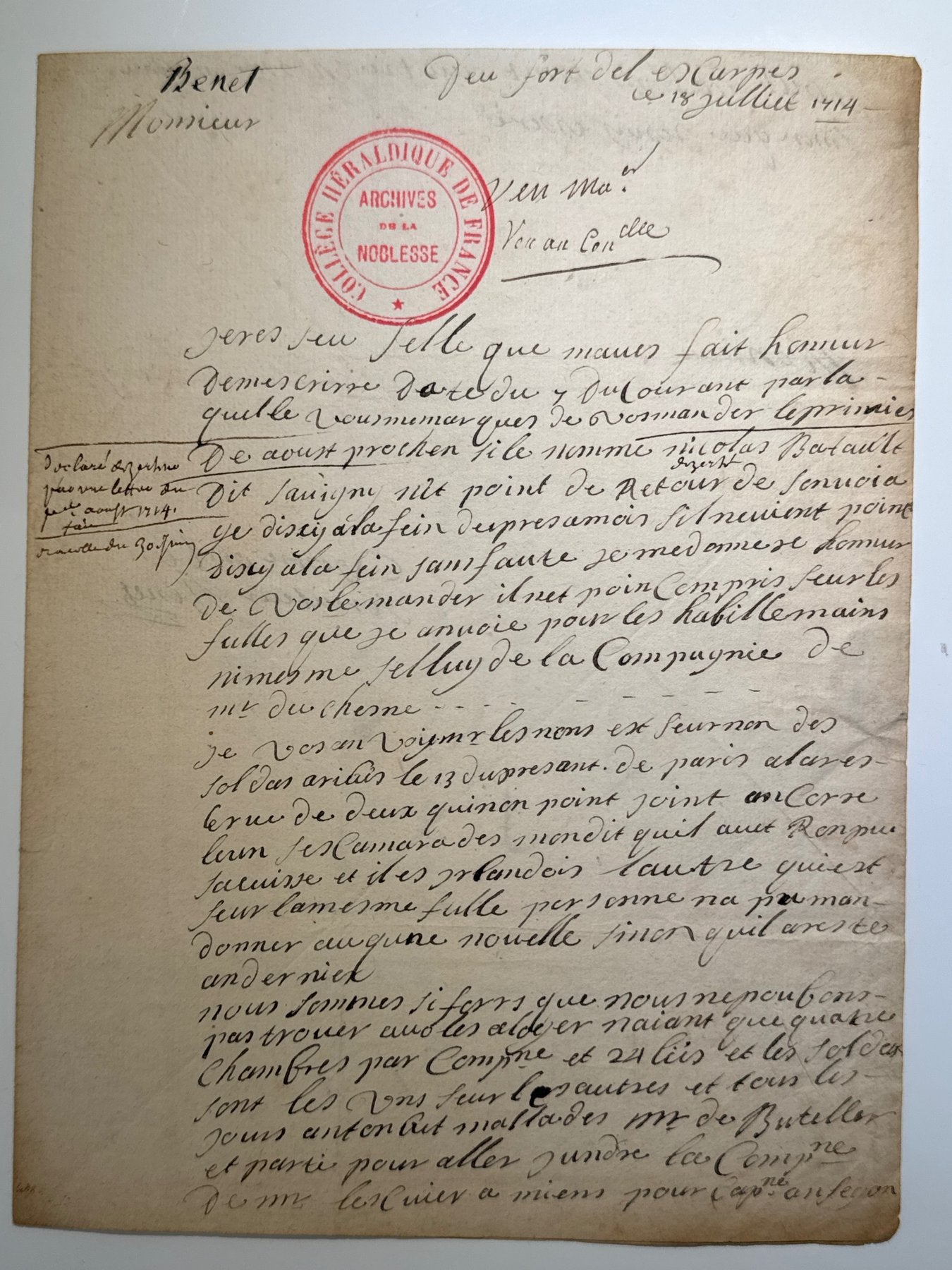 Charles Bennet, primer conde de Tankerville 5 cartas autógrafas y firmadas a Monsieur Pettatier en París. 1714