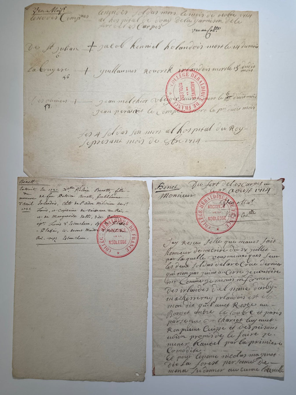 Charles Bennet, primer conde de Tankerville 5 cartas autógrafas y firmadas a Monsieur Pettatier en París. 1714