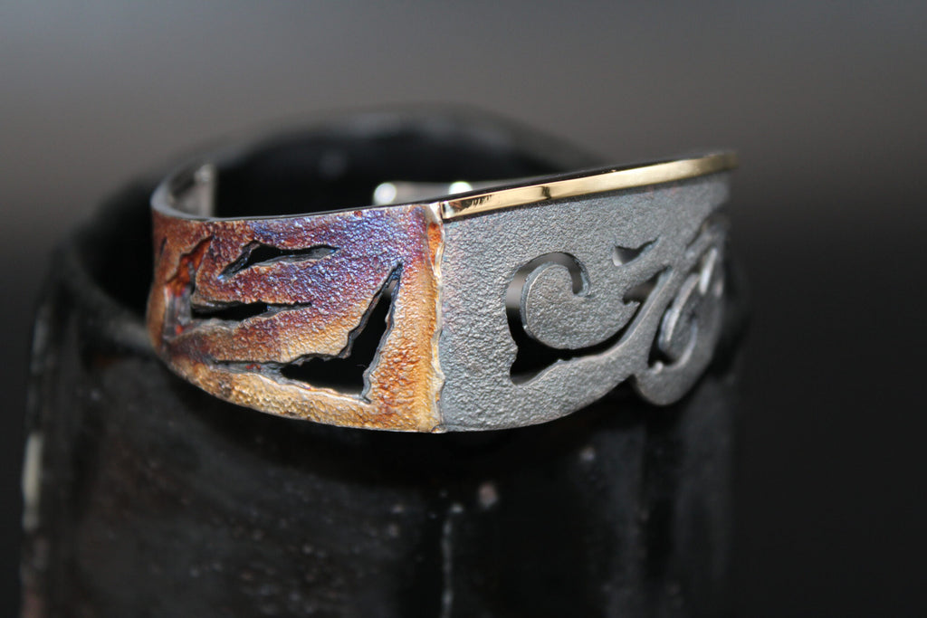 Engraved Slave Bangle - Oxidized Silver and Artisan Gold, by Elisenda de Haro