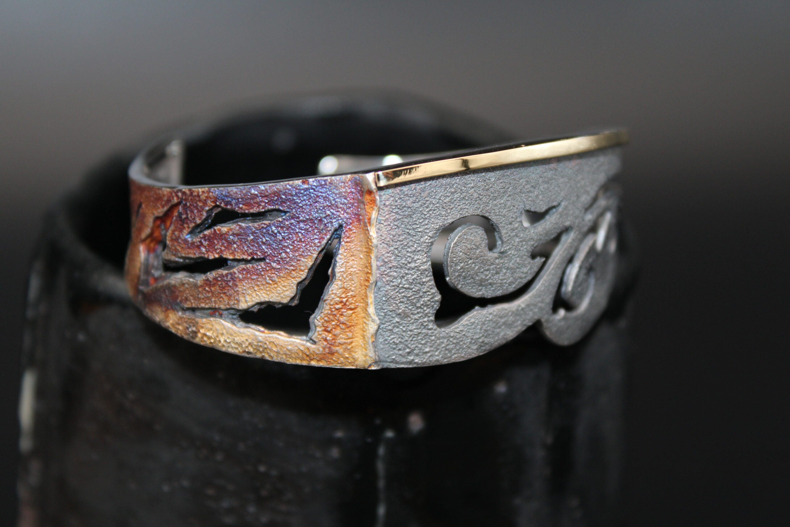 Engraved Slave Bangle - Oxidized Silver and Artisan Gold, by Elisenda de Haro