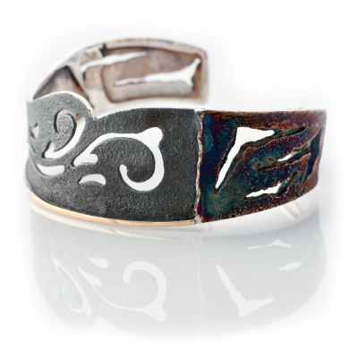 Engraved Slave Bangle - Oxidized Silver and Artisan Gold, by Elisenda de Haro