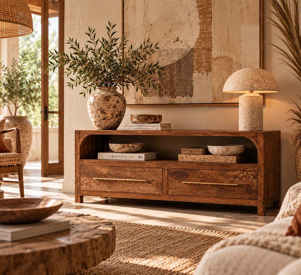 Mueble de TV Arc-Line de madera maciza de mango – Diseño arqueado y almendra tostada