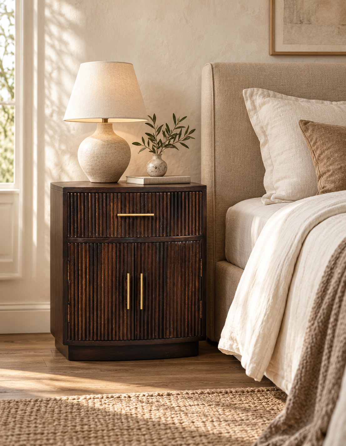 Mesita de noche Milan de madera maciza de mango – Diseño acanalado en moka