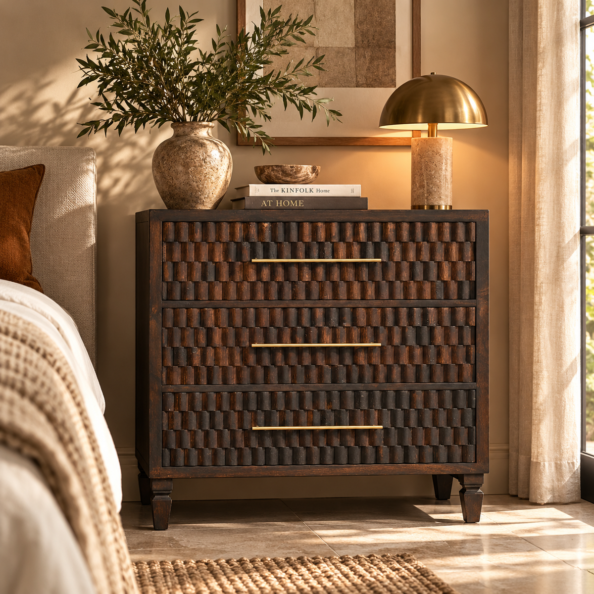 Cómoda Cádiz de madera maciza de mango – Tallado geométrico en moca oscuro