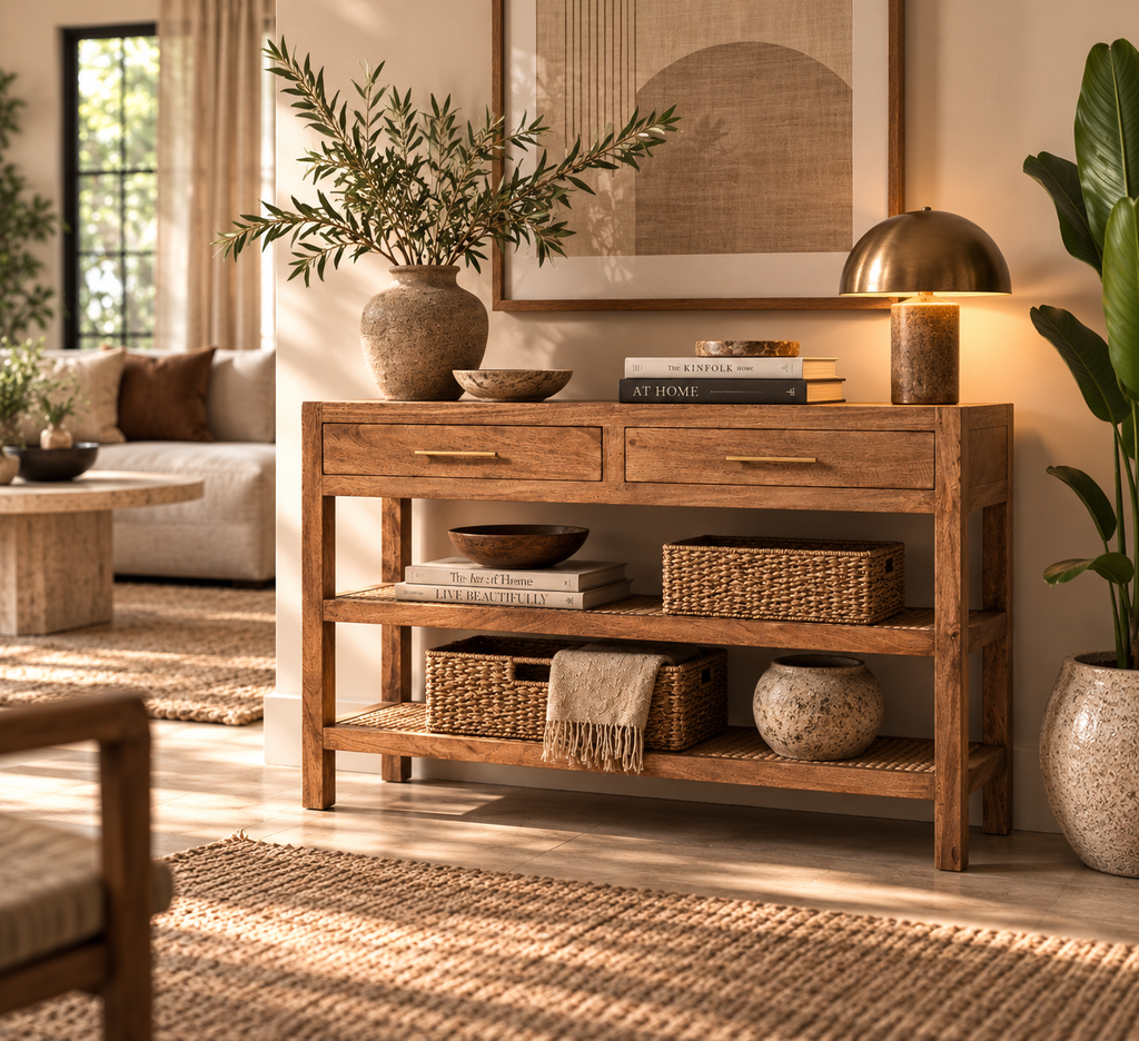 Consola de Madera de Mango y Ratán Saffron – 2 Cajones | Estilo Japandi y Boho