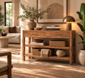 Consola de Madera de Mango y Ratán Saffron – 2 Cajones | Estilo Japandi y Boho