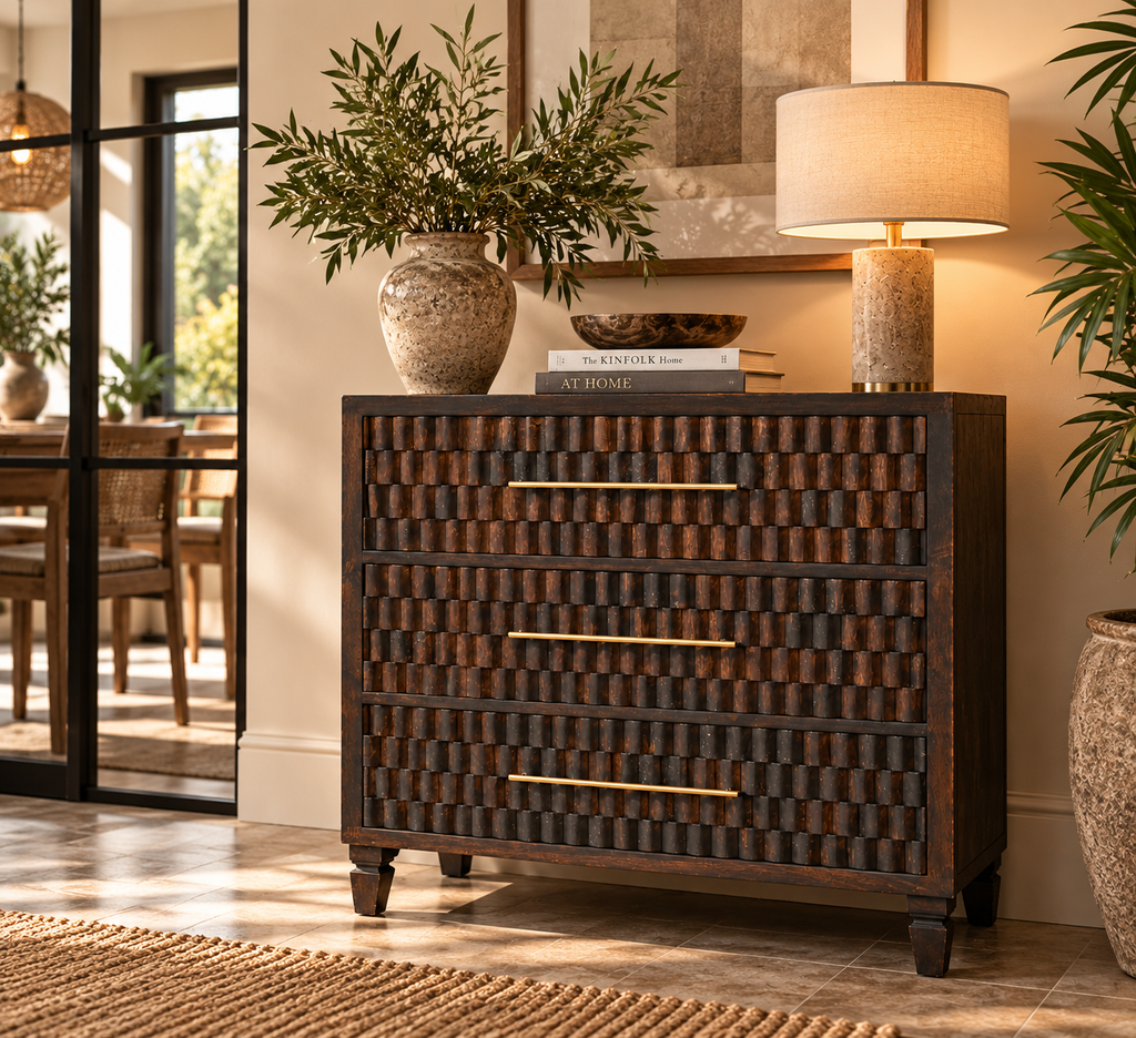 Cómoda Cádiz de madera maciza de mango – Tallado geométrico en moca oscuro