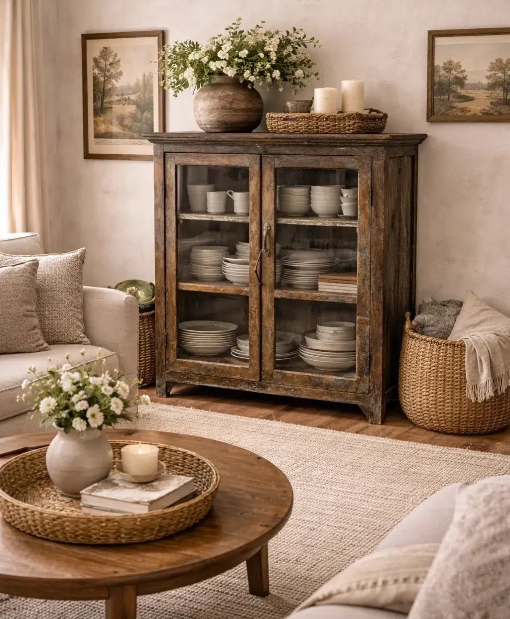 Vitrina Antigua de Madera y Cristal – Armario Vintage con Puertas Acristaladas para Almacenaje y Decoración