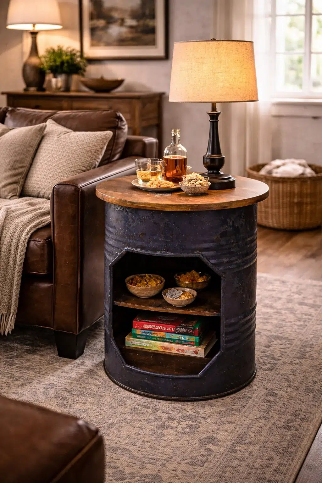Mesa Bar Industrial de Barril Metálico Reciclado – Mueble Vintage con Estante y Almacenaje para Decoración Industrial