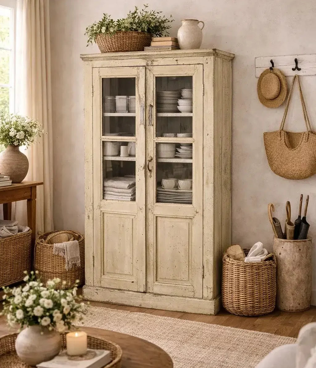 Vitrina Antigua de Madera con Pátina Amarilla Clara y Puertas de Cristal – Armario Vintage de Almacenaje y Decoración