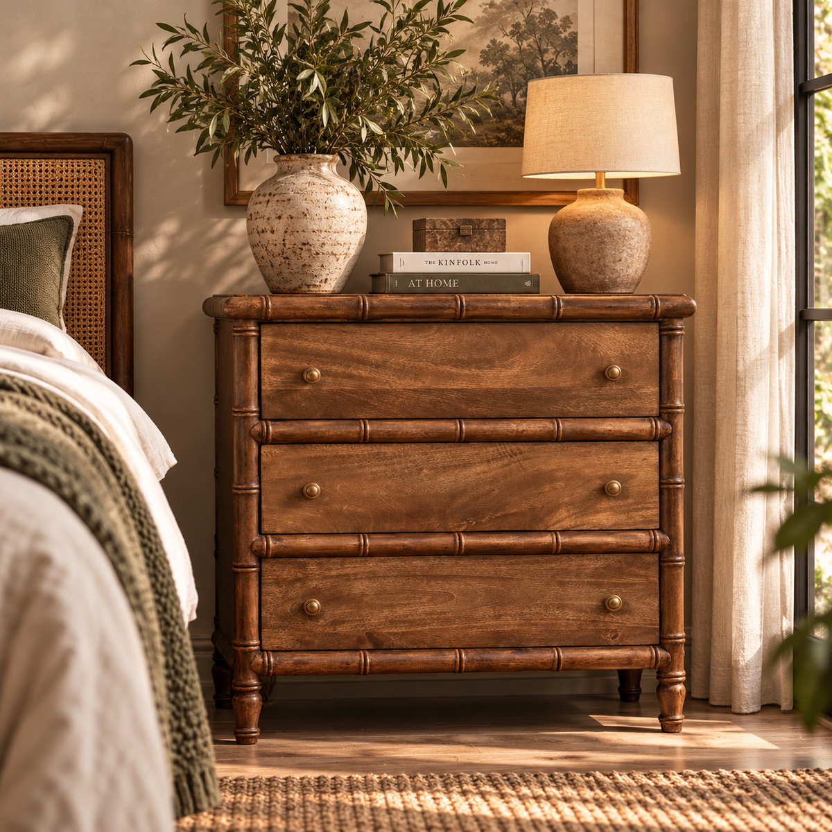 Cómoda de madera maciza de mango con 3 cajones – Tallado efecto bambú y estilo colonial