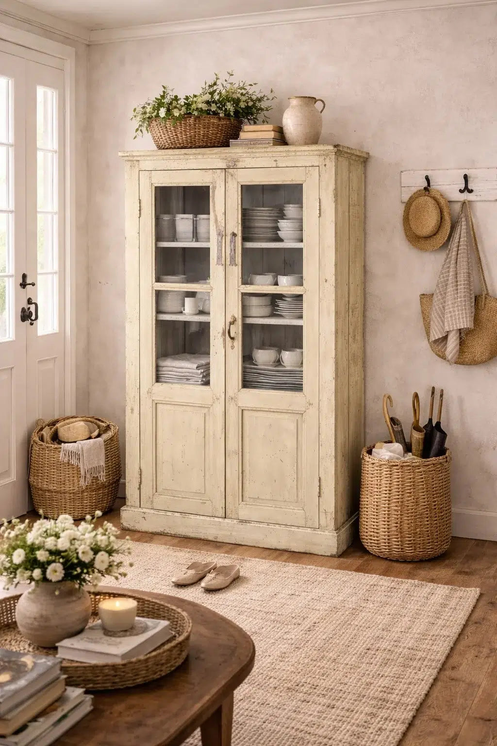 Vitrina Antigua de Madera con Pátina Amarilla Clara y Puertas de Cristal – Armario Vintage de Almacenaje y Decoración