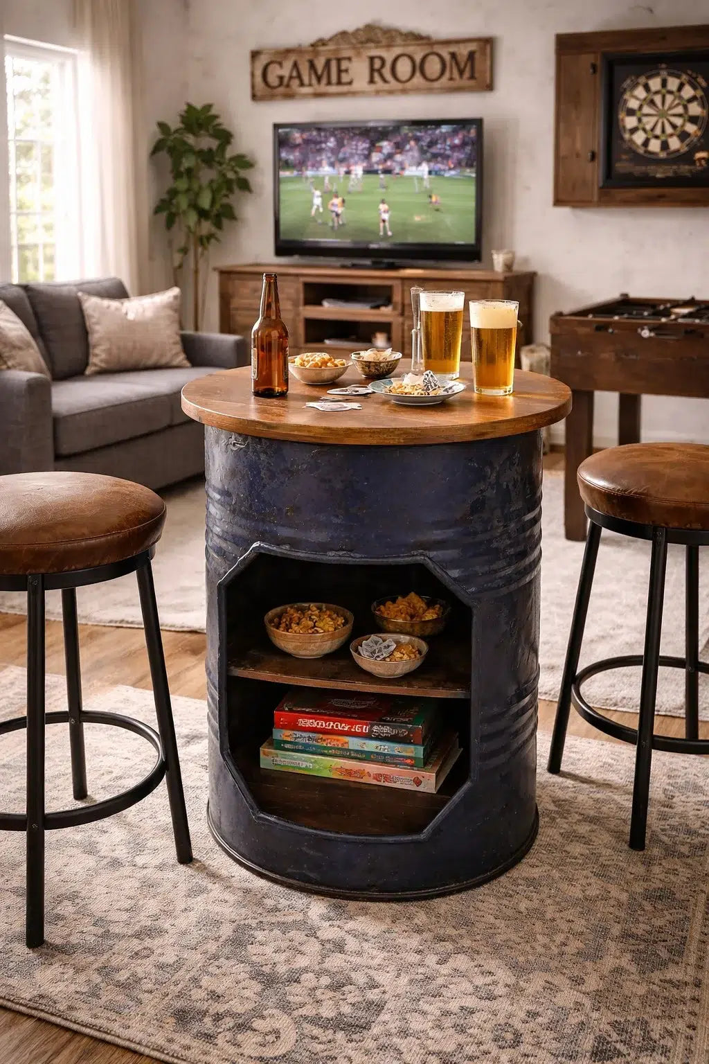Mesa Bar Industrial de Barril Metálico Reciclado – Mueble Vintage con Estante y Almacenaje para Decoración Industrial