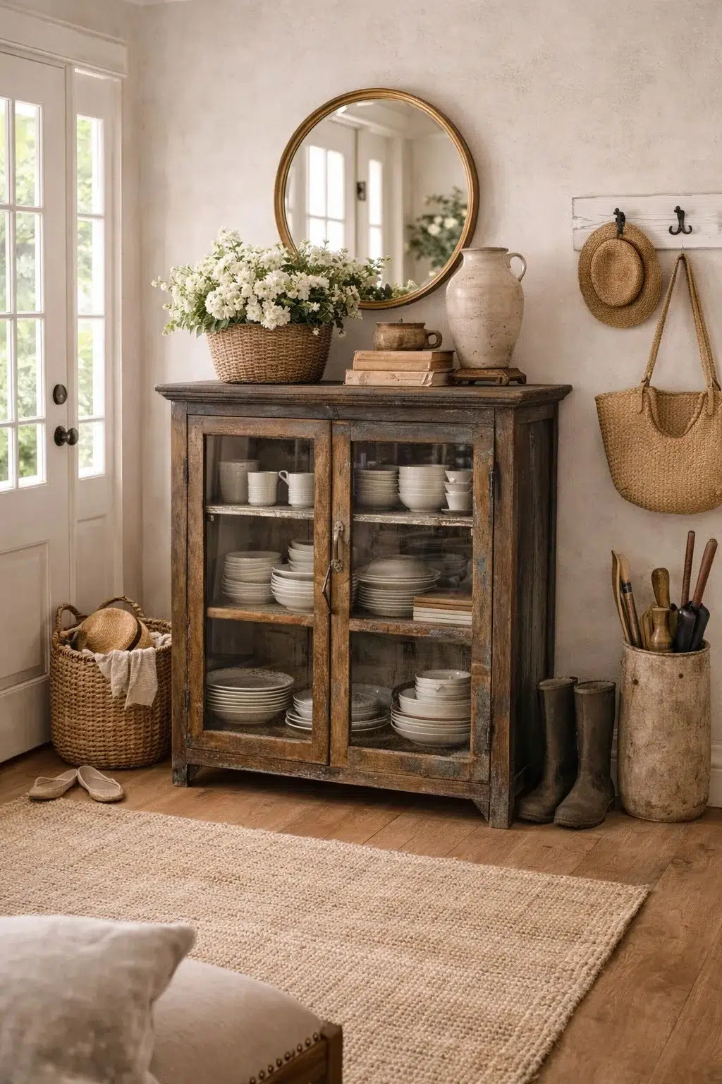 Vitrina Antigua de Madera y Cristal – Armario Vintage con Puertas Acristaladas para Almacenaje y Decoración