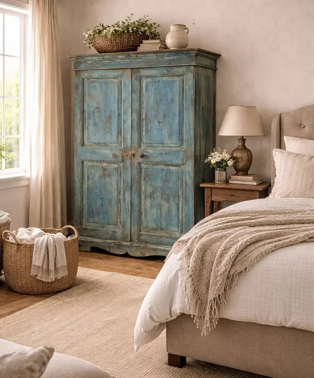 Armario Antiguo de Madera con Pátina Azul – Mueble Vintage con Estanterías para Almacenaje y Decoración