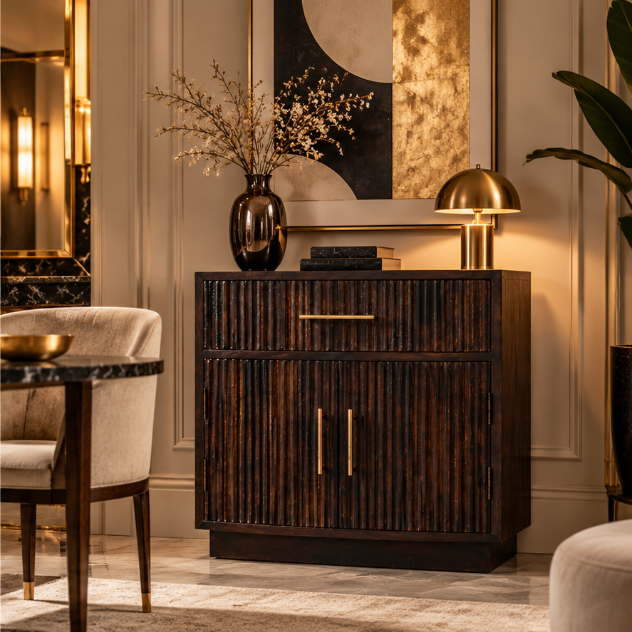 Mesita de noche Milan de madera maciza de mango – Diseño acanalado en moka