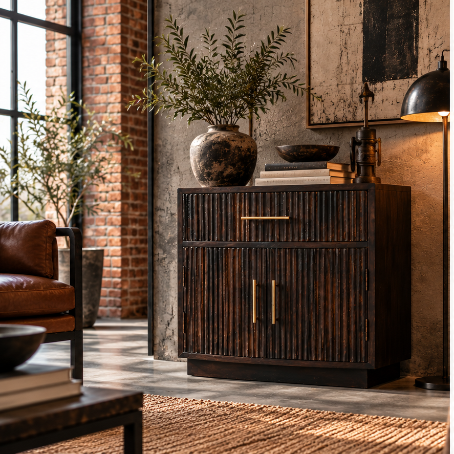 Mesita de noche Milan de madera maciza de mango – Diseño acanalado en moka