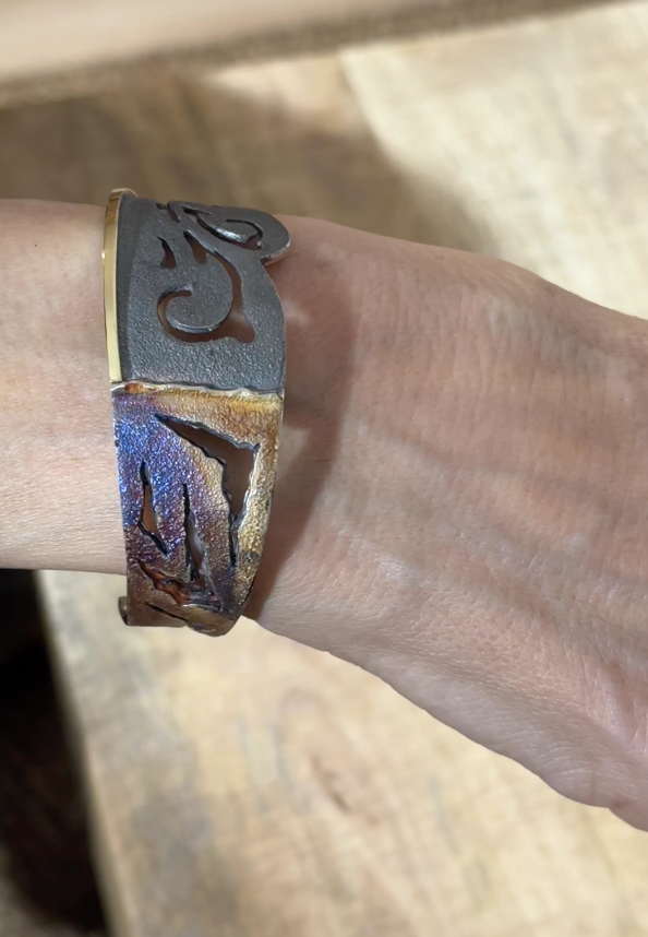 Engraved Slave Bangle - Oxidized Silver and Artisan Gold, by Elisenda de Haro