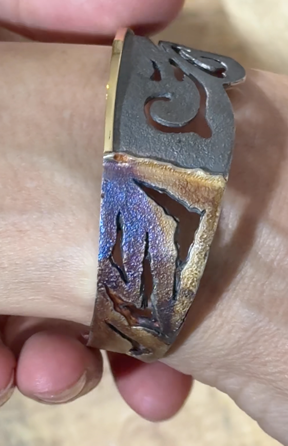 Engraved Slave Bangle - Oxidized Silver and Artisan Gold, by Elisenda de Haro