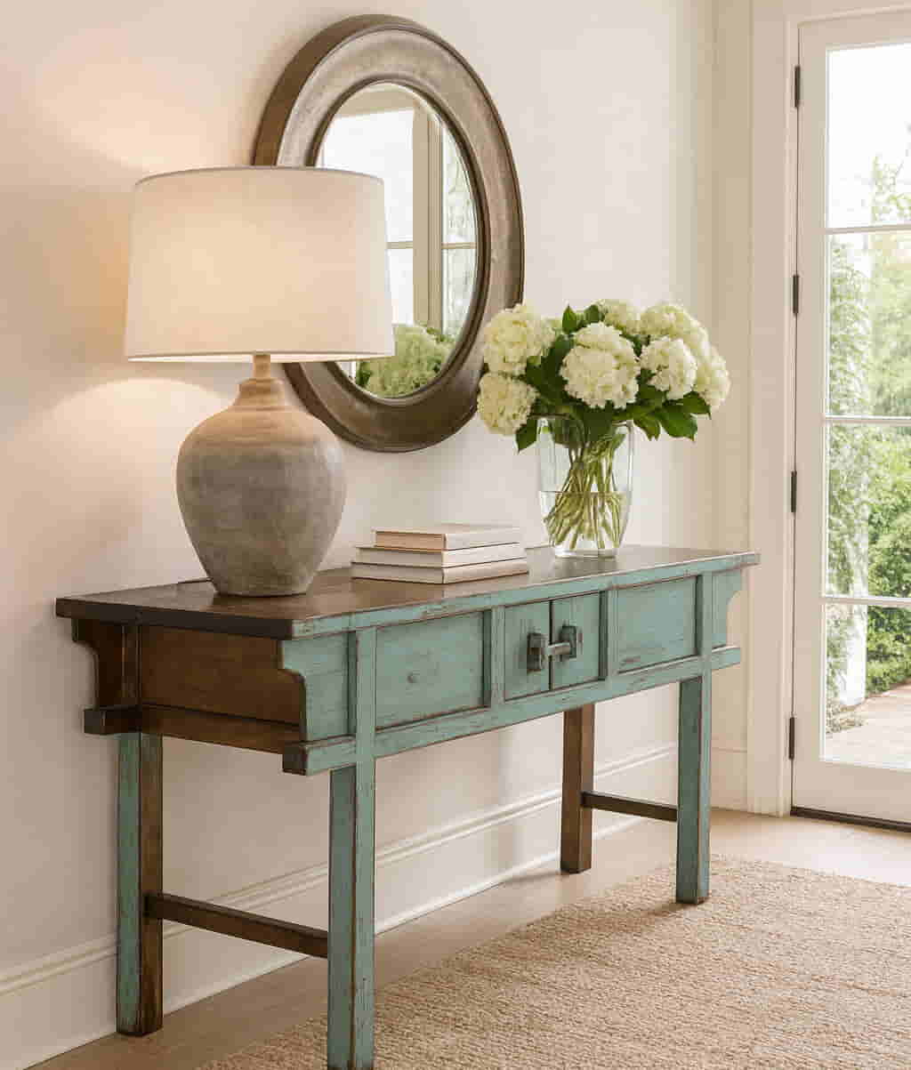 Solid elm console table with turquoise distressed finish – handmade vintage furniture for hallway or living room