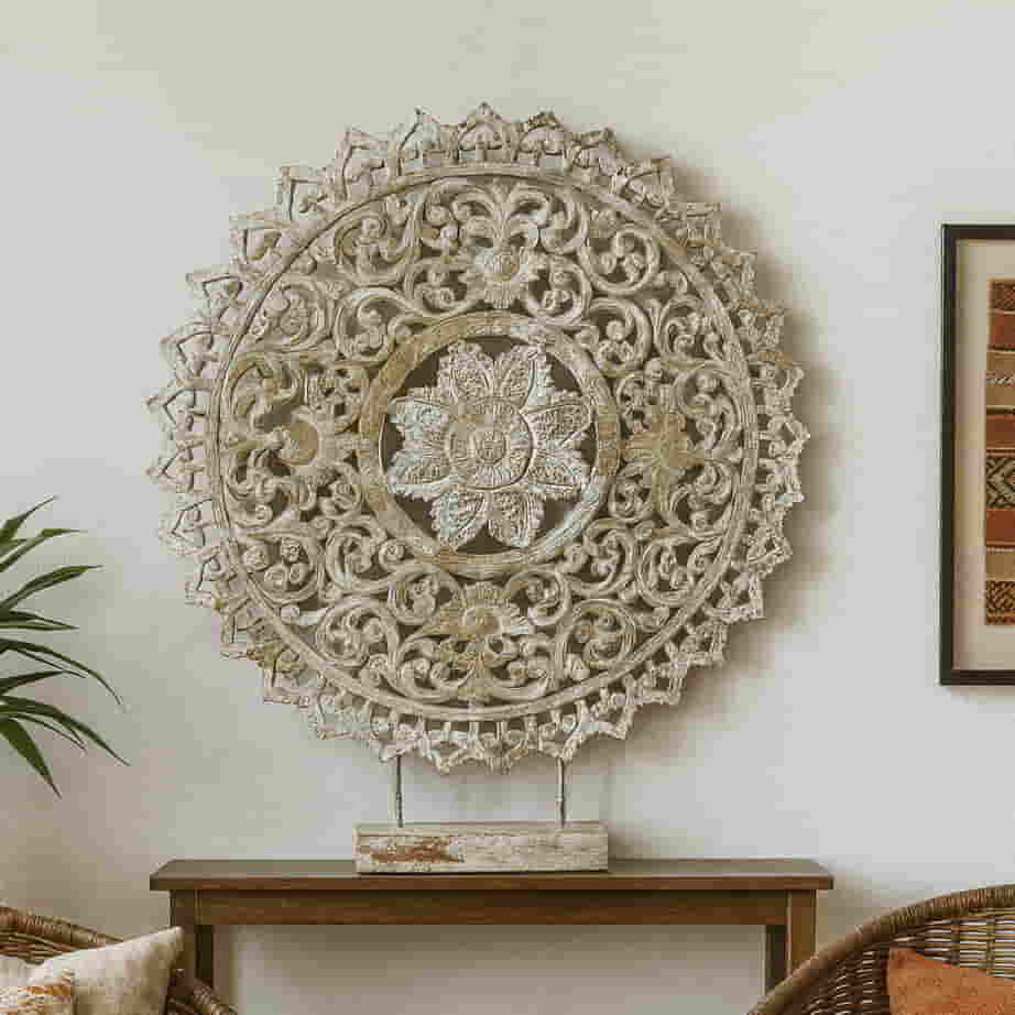 Mandala de madera tallada a mano – Pieza única de la India