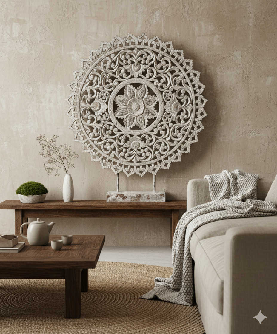 Mandala de madera tallada a mano – Pieza única de la India