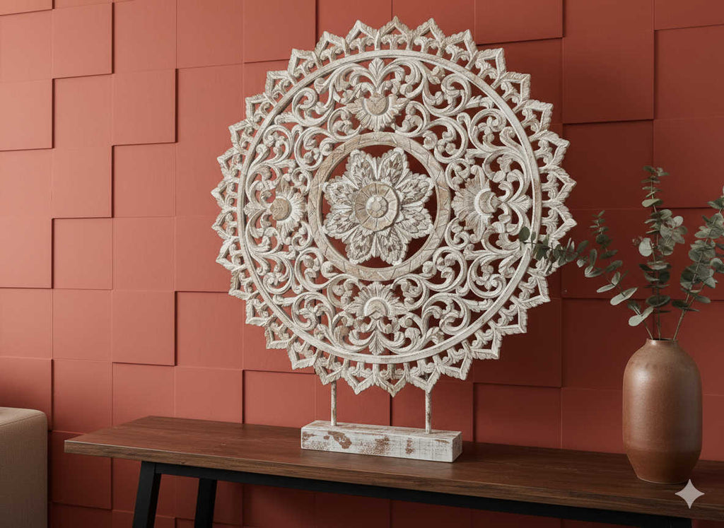 Mandala de madera tallada a mano – Pieza única de la India