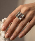 Tanit square ring, oxidized silver and 2.3 mm ruby