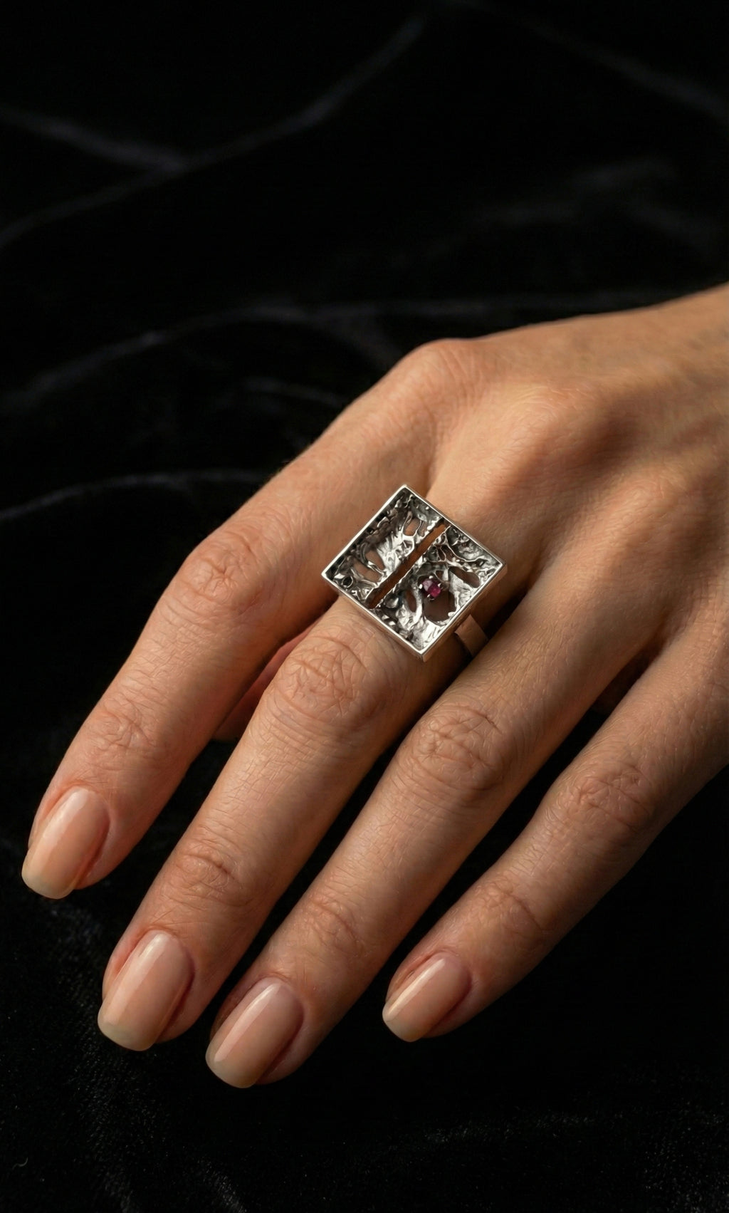 Tanit square ring, oxidized silver and 2.3 mm ruby