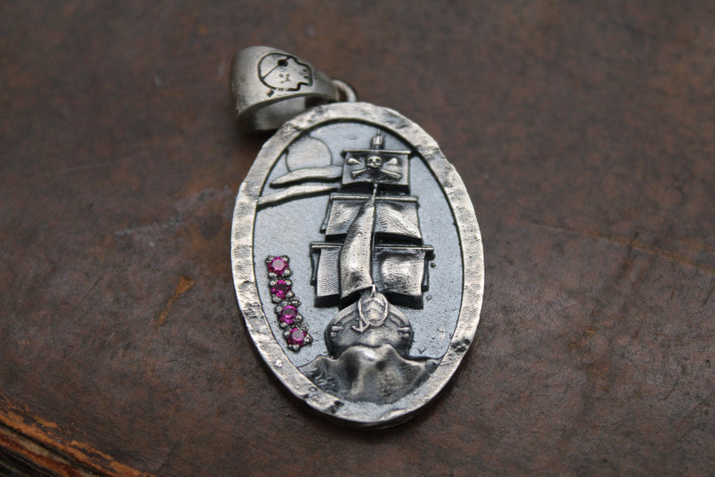Santiago Prada Pirate Ship Pendant. Silver and Rubies