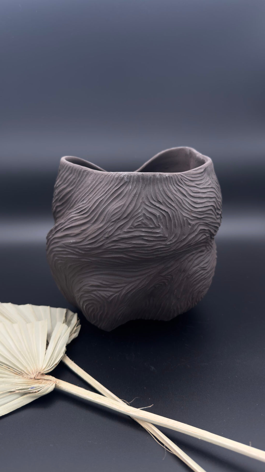 Jarrón escultórico en cerámica gris oscuro con textura orgánica de Miguel Ángel López