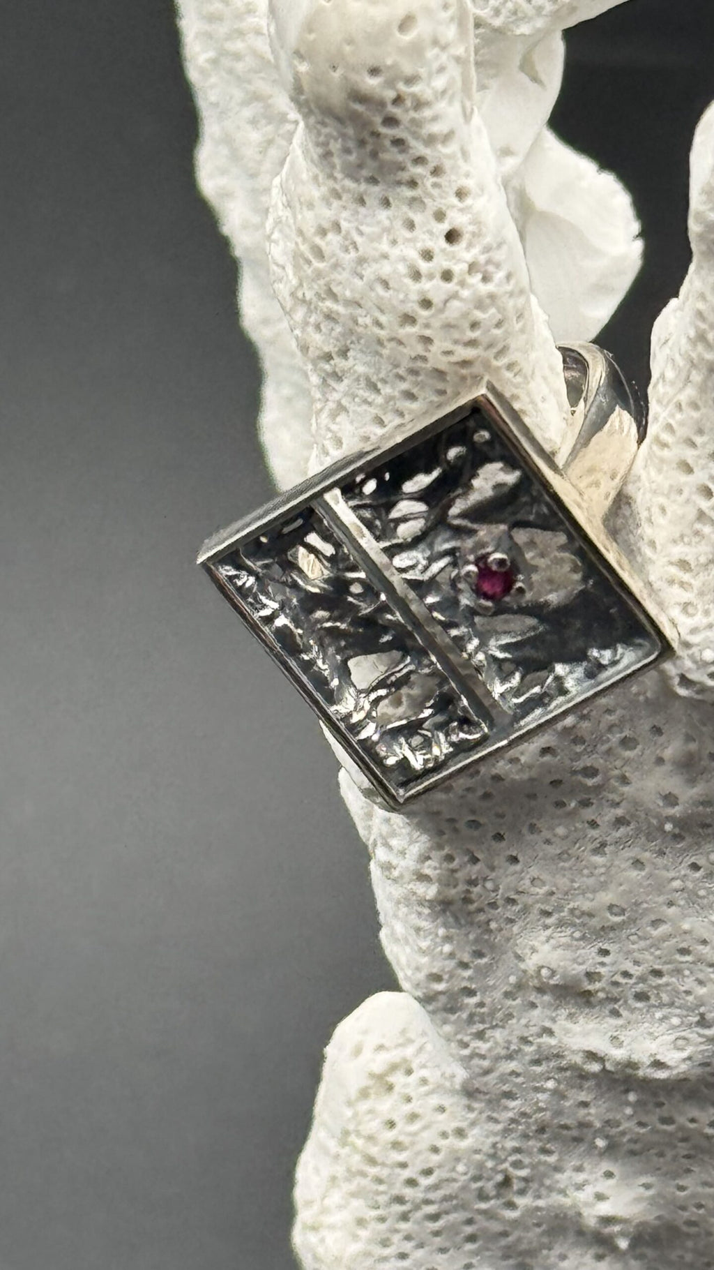 Tanit square ring, oxidized silver and 2.3 mm ruby