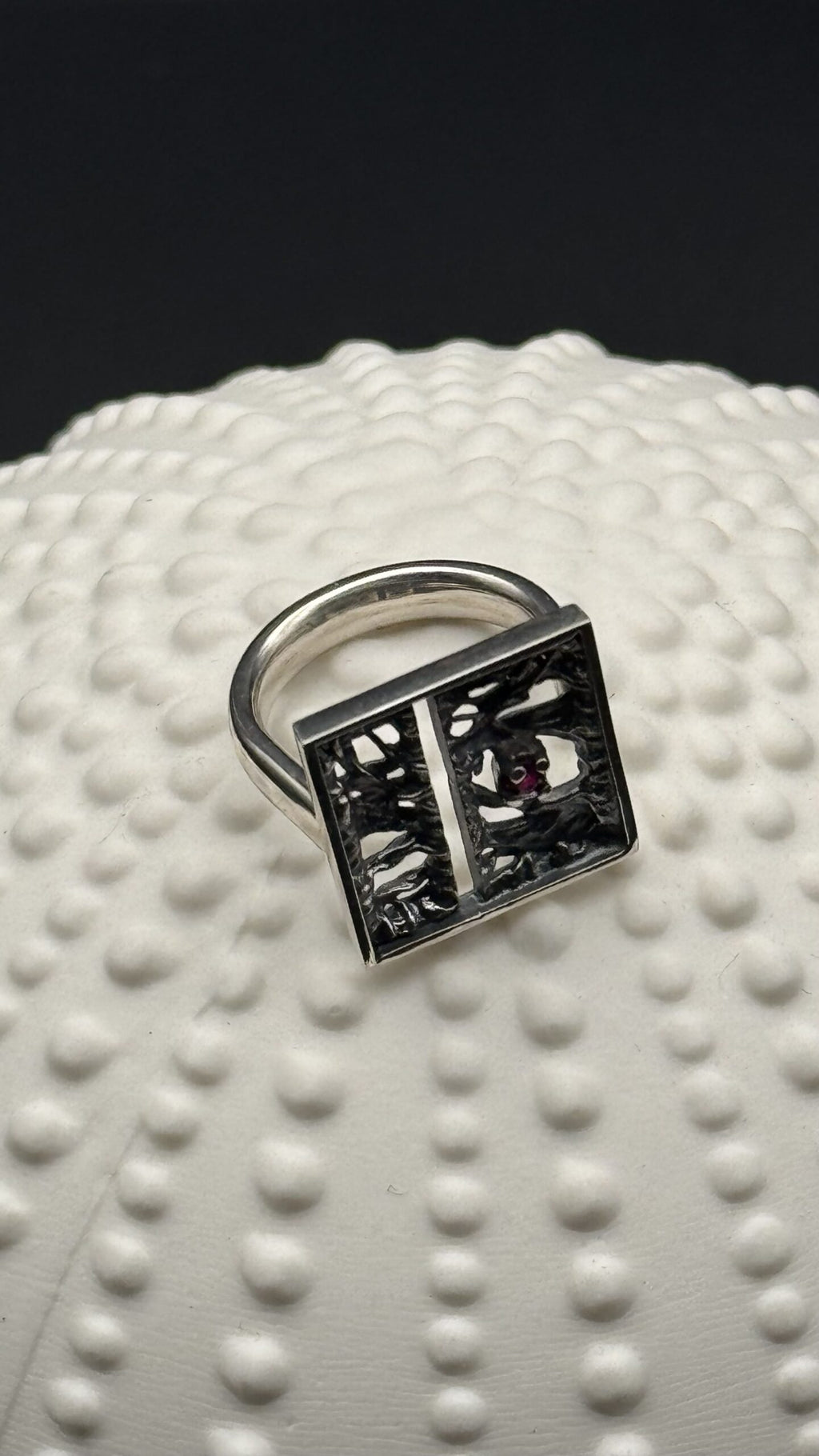 Tanit square ring, oxidized silver and 2.3 mm ruby