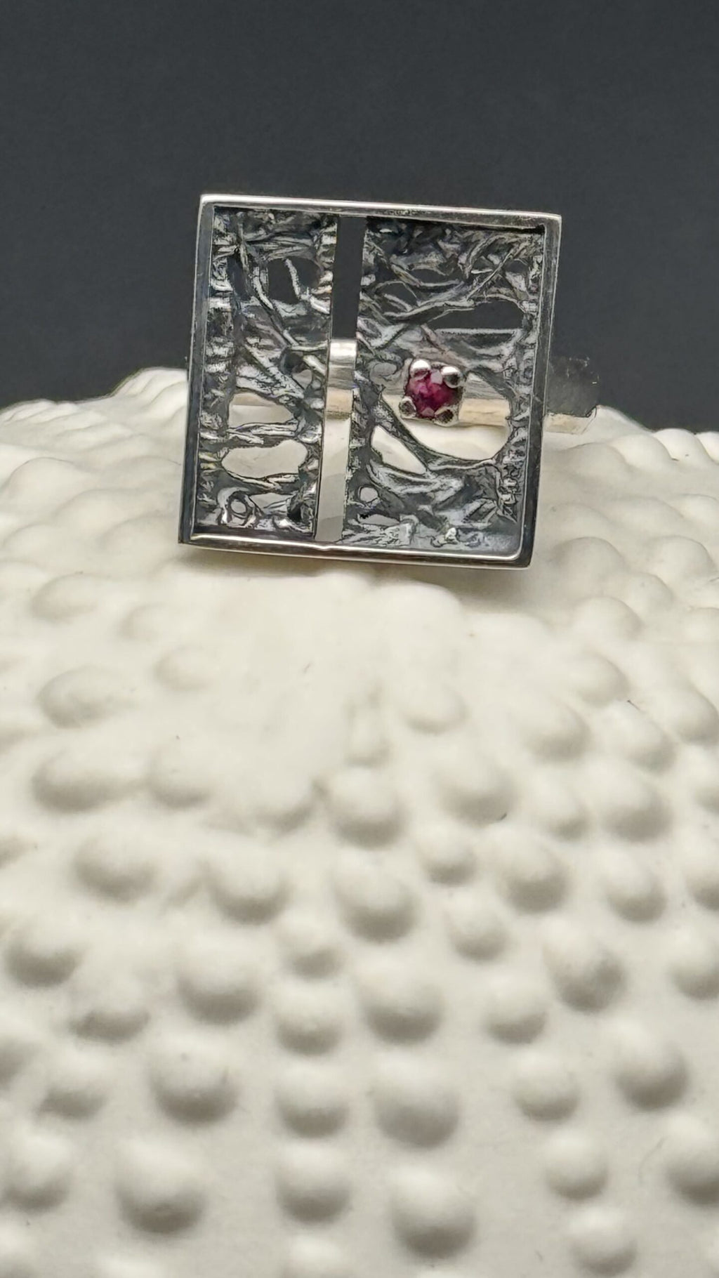 Tanit square ring, oxidized silver and 2.3 mm ruby