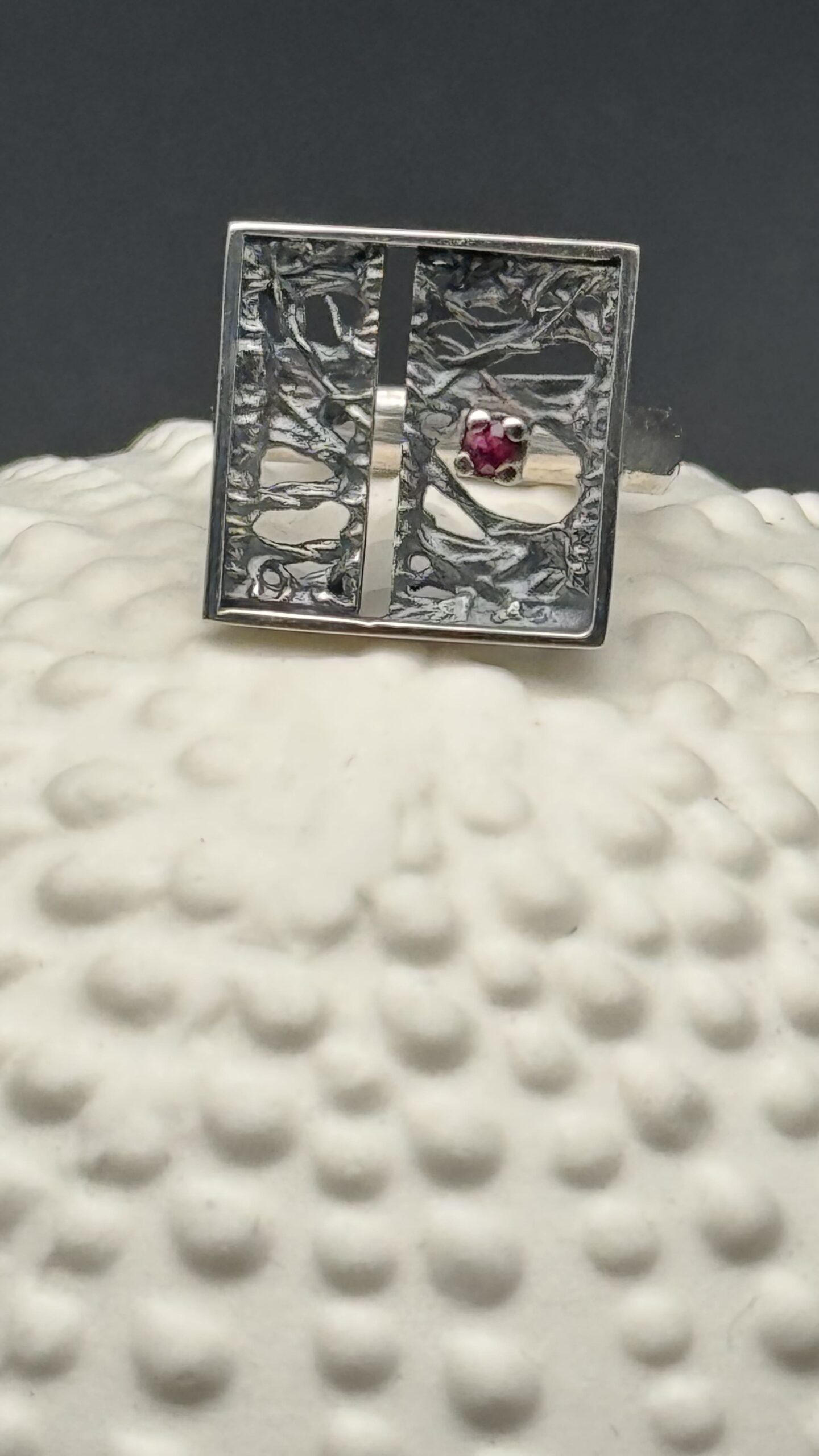 Tanit square ring, oxidized silver and 2.3 mm ruby