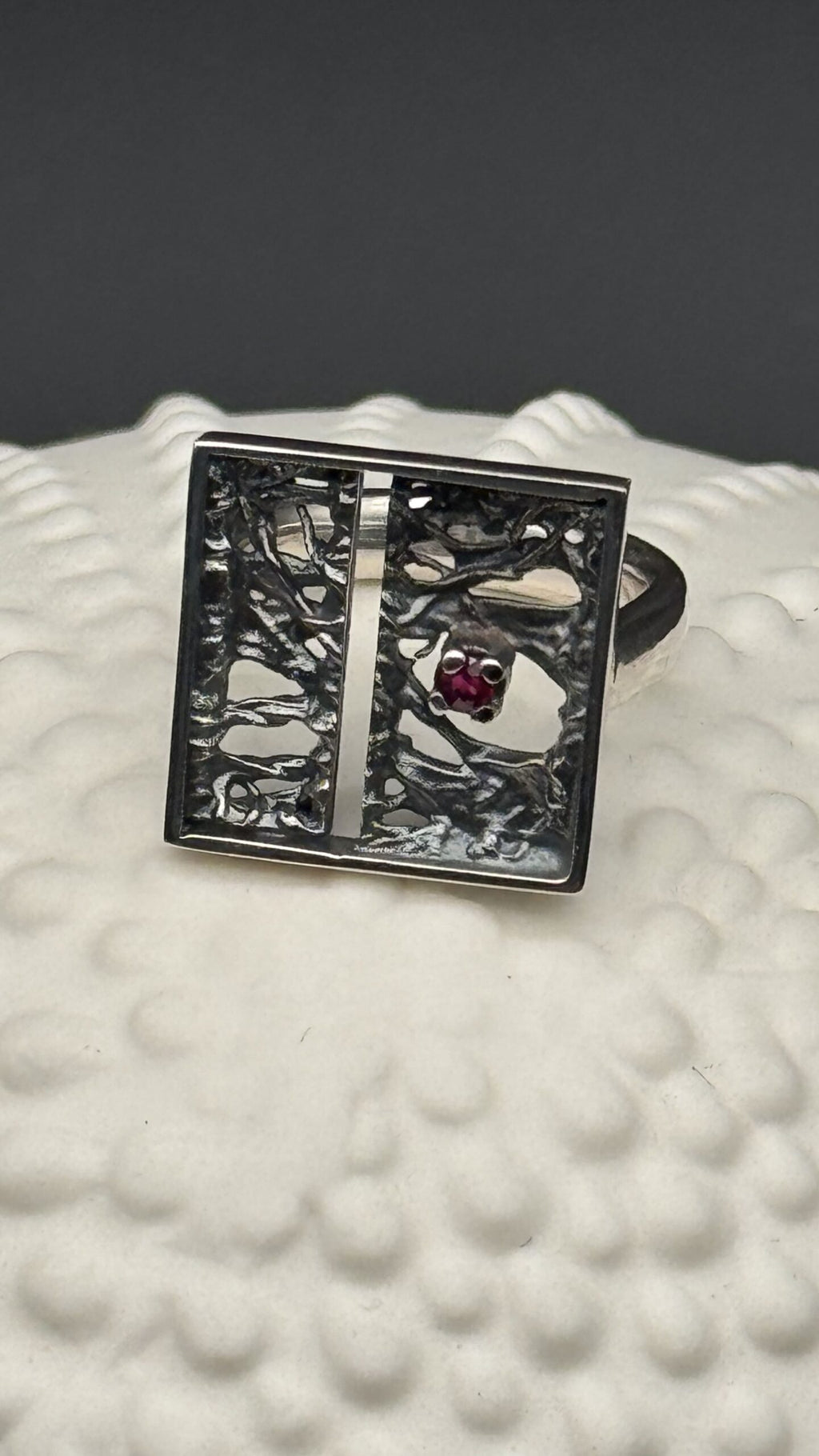 Tanit square ring, oxidized silver and 2.3 mm ruby