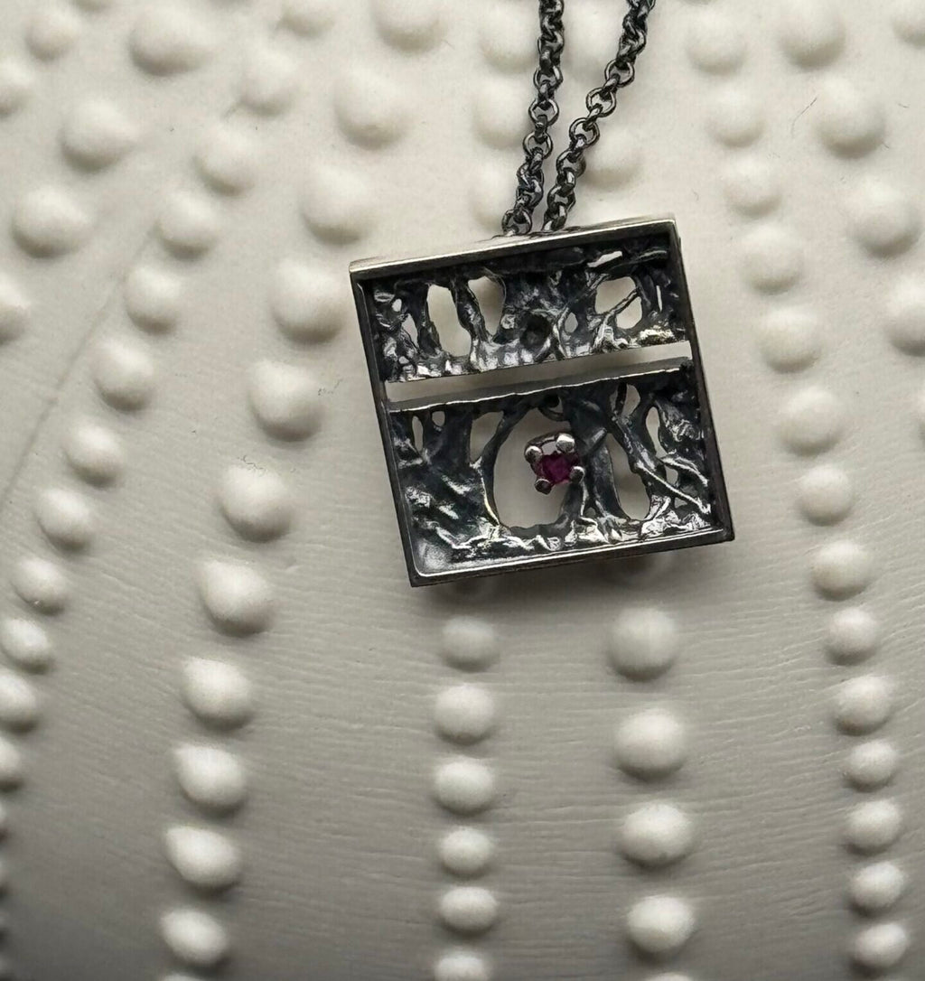 Tanit square pendant, oxidized silver. Small size