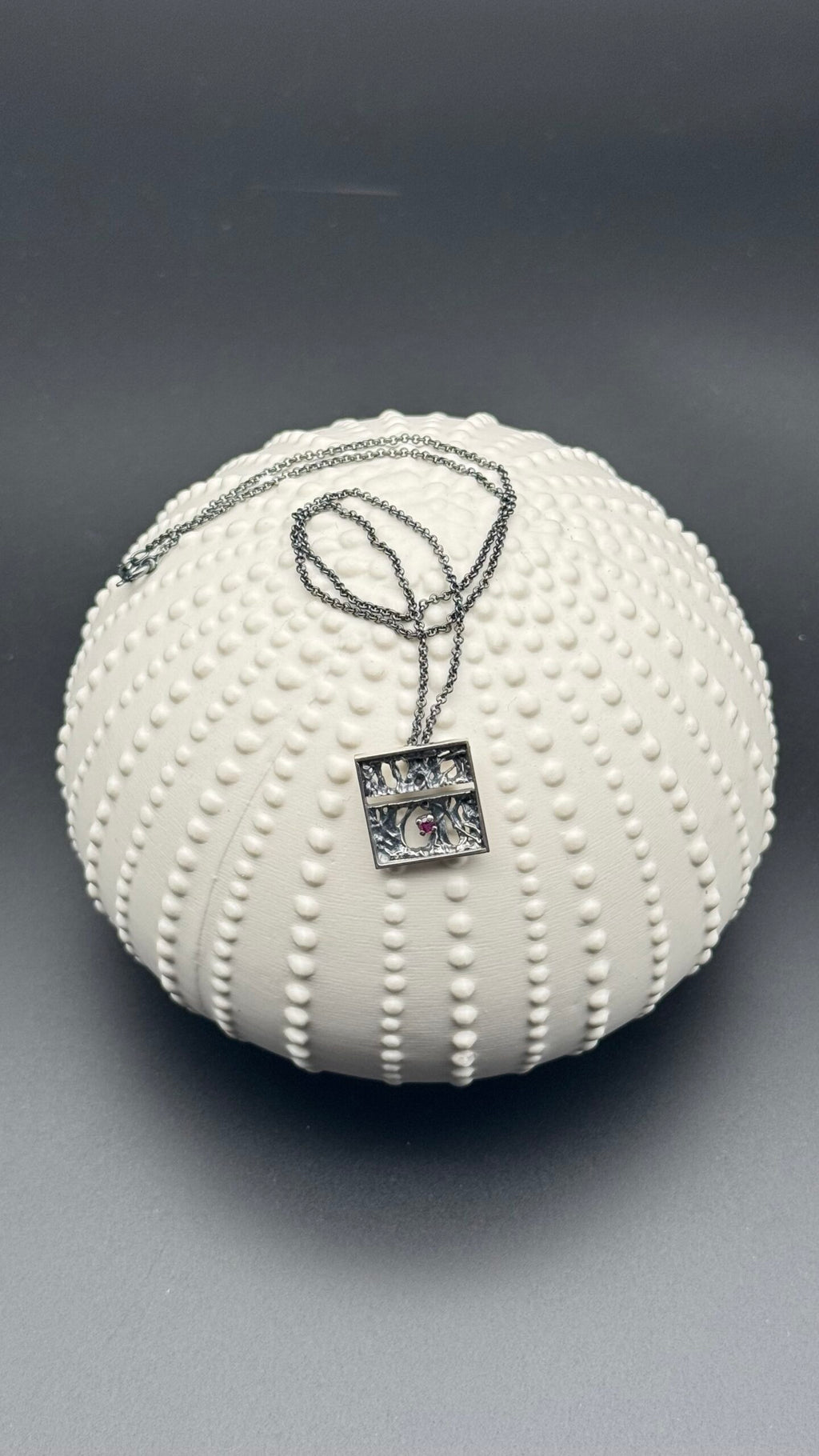 Tanit square pendant, oxidized silver. Small size