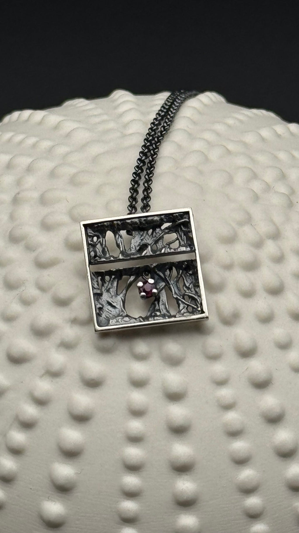 Tanit square pendant, oxidized silver. Small size
