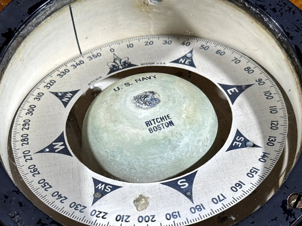 Antique Nautical Compass E.S. Ritchie & Sons Boston c.1900 - U.S. Navy Gimbaled Marine Compass with Wooden Base